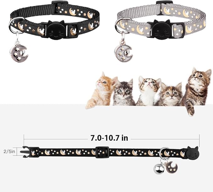 2Pcs Breakaway Cats Collars Cat Collars for Boy & Girl Cats Adjustable Kitten Collars with Bell,Black+Gray
