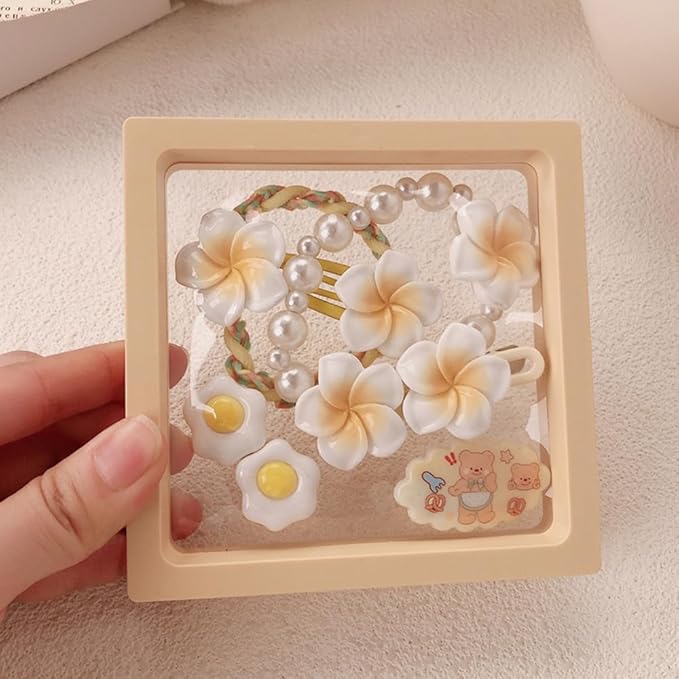 Hair Clips for Women, Acrylic Resin Hair Accessories set with Hairbands Colored Hair Ties, Flower, Rainbow, Little Bear Clips Cute pattern for Birthday Prom Cosplay Party (yellow Pearl Frangipani)