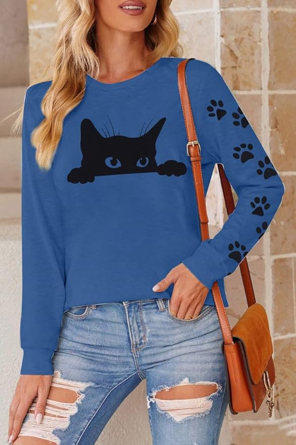 JINTING Cat Shirts for Women - Loose Fit Lightweight Long Sleeve Graphic Tee Fall Printed Crewneck Blouse Casual Tops