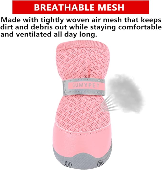 QUMY 4PCS Dog Shoes for Small Dogs, Hot Pavement Summer Puppy Dog Boots & Paw Protectors with Soft Anti-Slip Rubber Sole, Mesh Breathable Dog Booties for Hardfloors, Walking Running Pink Size 5