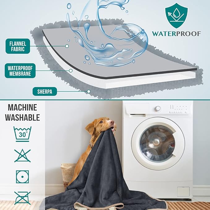PetAmi Waterproof Dog Blanket for Extra Large Dogs, Pee Proof Pet Blanket for Bed Couch, Reversible Water Proof Blanket for Puppy Indoor Cat, Soft Dog Crate Cover Washable, Queen 90x90 Gray/Beige