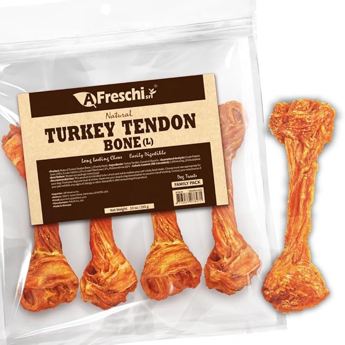 AFreschi Turkey Tendons for Dogs, USA-Sourced, Healthy Dog Treats, Rawhide-Free Puppy Chews, Long Lasting, All Natural, Hypoallergenic Dog Treats for Large Breeds, 10 oz Pack Bone (L)