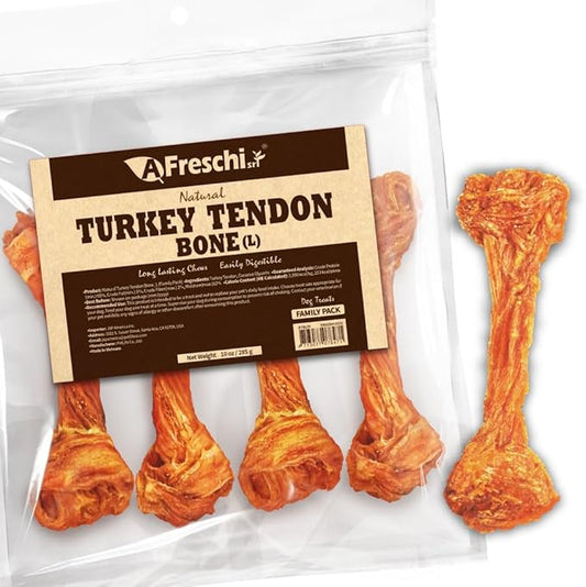 AFreschi Turkey Tendons for Dogs, USA-Sourced, Healthy Dog Treats, Rawhide-Free Puppy Chews, Long Lasting, All Natural, Hypoallergenic Dog Treats for Large Breeds, 10 oz Pack Bone (L)