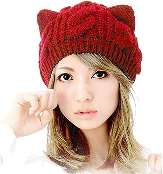 Women Girls Boys Teens Cute CAT Kitty Ears Hats, Winter Warm Woollike Knitted Crochet Christmas Ski Beanie Headgear