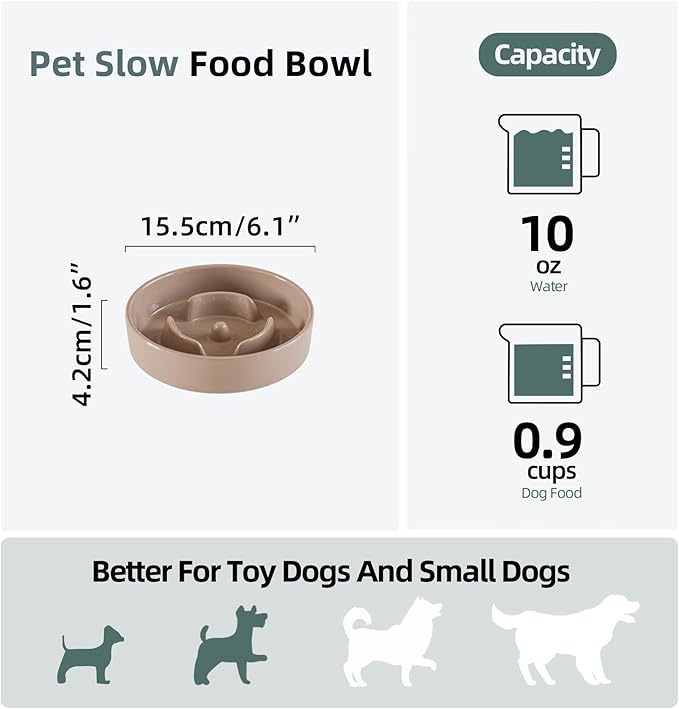 Ceramic 0.9 Cup Dog Bowl Slow Feeder for Small Dog, 6.1inch Pet Slow Feeder, Stop Bloat, Preventing Choking(Single Bowl-Brown Coffee)