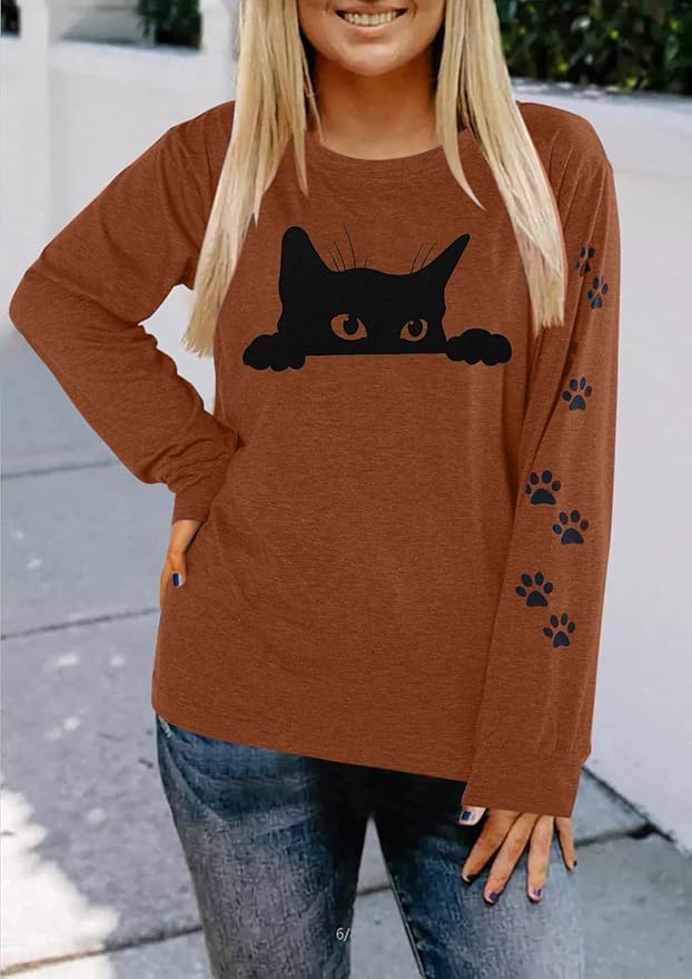 JINTING Cat Shirts for Women - Loose Fit Lightweight Long Sleeve Graphic Tee Fall Printed Crewneck Blouse Casual Tops