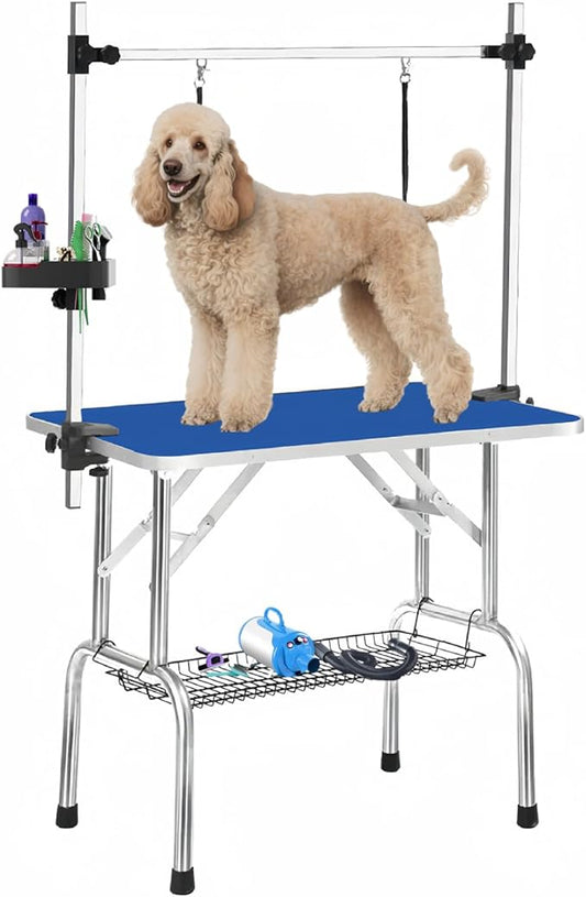 36" Large Dog Grooming Table, Non-Slip Tabletop with Adjustable Armrests, Lasso, Tool Organizer, Grid Tray, Foldable Home Pet Station, Maximum Weight Capacity 330 lbs,Blue