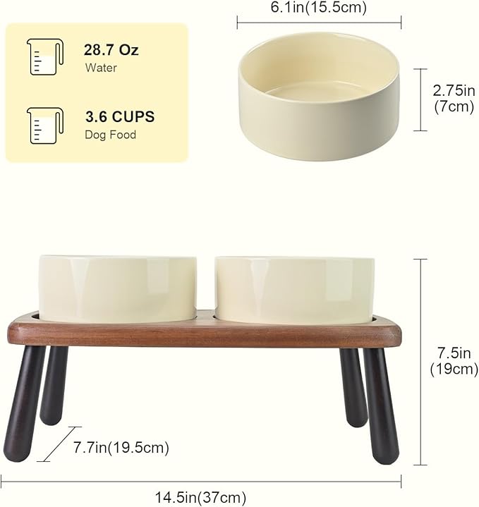 SPUNKYJUNKY Ceramic Elevated Dog Bowls Raised with Acacia Bamboo Wooden Stand, 6.1'' Dog and Cat Food Water Bowls Set Non-Slip for Small Medium Sized Breed Microwave Dishwasher Safe - 28.7 OZ,Beige