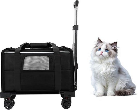 Pet Carrier with Wheels - Soft-Side Wheeled Cat Carrier for Dogs with Telescopic Handle, Collapsible Rolling Pet Travel Bag Carrier for Large Cats Small Medium Dogs for Camping Vet Visiting Black