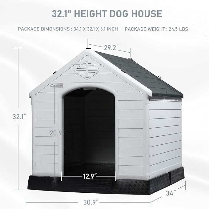 LEMBERI Durable Waterproof Plastic Dog House for Small to Large Sized Dogs, Indoor Outdoor Doghouse Insulated Puppy Shelter with Elevated Floor, Easy to Assemble (Gray, 34''L*31''W*32''H)