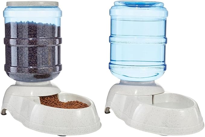 Amazon Basics Automatic Dog Cat Water Dispenser Gravity Feeder and Waterer Set, Large, 456.6fl.oz food feeder, 382.1fl.oz water dispenser, Gray