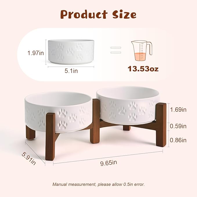 SPUNKYJUNKY Ceramic Elevated Dog Bowl Set with Acacia Wood Stand for Food and Water for Cats and Small Dogs (13.52 OZ, White, Dog Paw Pattern)