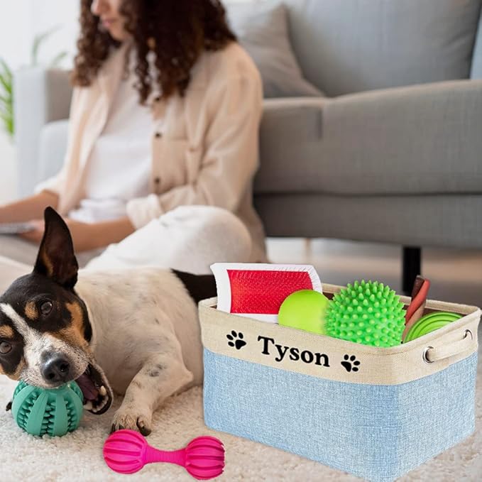 Custom Dog Cat Toy Storage Basket with Name Sturdy Foldable Collapsible Storage Bin with Handles for Organizing Pet Stuffs, Toys, Clothing,( Blue and White), 15" x 9.8" x 9"