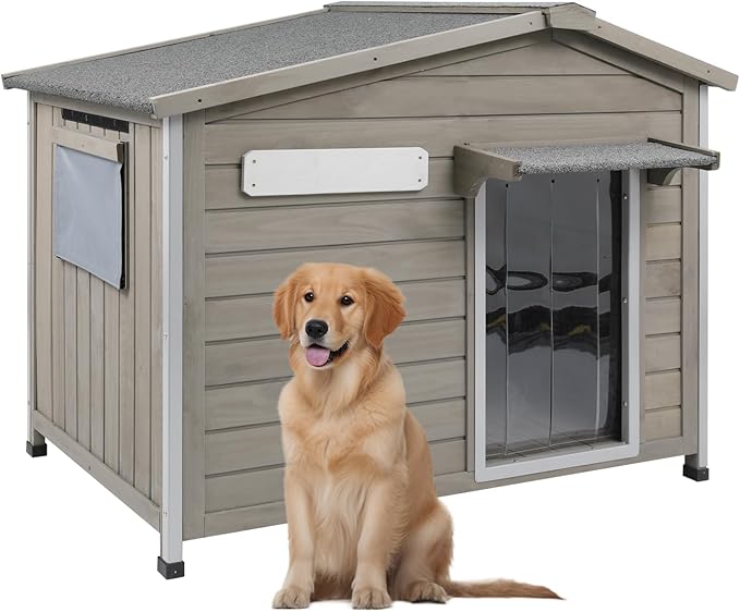 Large Outdoor Dog House Waterproof for Small to Large Sized Dogs with Openable Asphalt Roof, Anti-Chewing Iron Frame, Window, Weatherproof Indoor Outside Kennel Puppy Shelter (40" L*26.4" W*33.5" H)