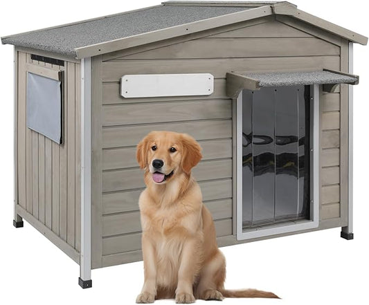 Large Outdoor Dog House Waterproof for Small to Large Sized Dogs with Openable Asphalt Roof, Anti-Chewing Iron Frame, Window, Weatherproof Indoor Outside Kennel Puppy Shelter (40" L*26.4" W*33.5" H)