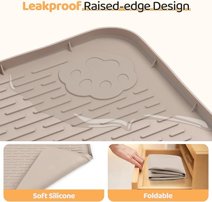 Dog Food Mat, Extra Large 34" x 22" Silicone Pet Feeding Mat with Raised Edge Pet Placemat for Small, Medium, and Large Pets Non-Slip, Easy to Clean (Beige)