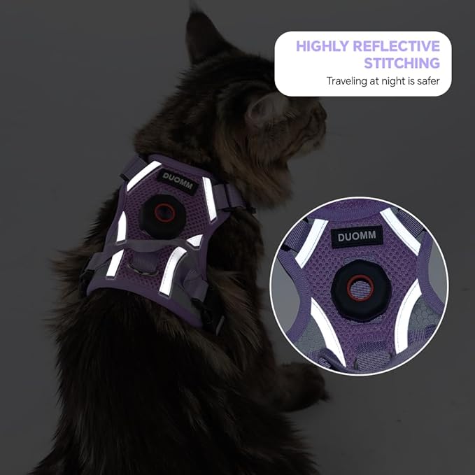 Cat Harness and Leash Set with AirTag Holder: Upgraded Escape Proof Vest with Lead for Small Dog Puppy Large Cat Walking，Soft Breathable Mesh Coat with Reflective Strip (Purple, M)