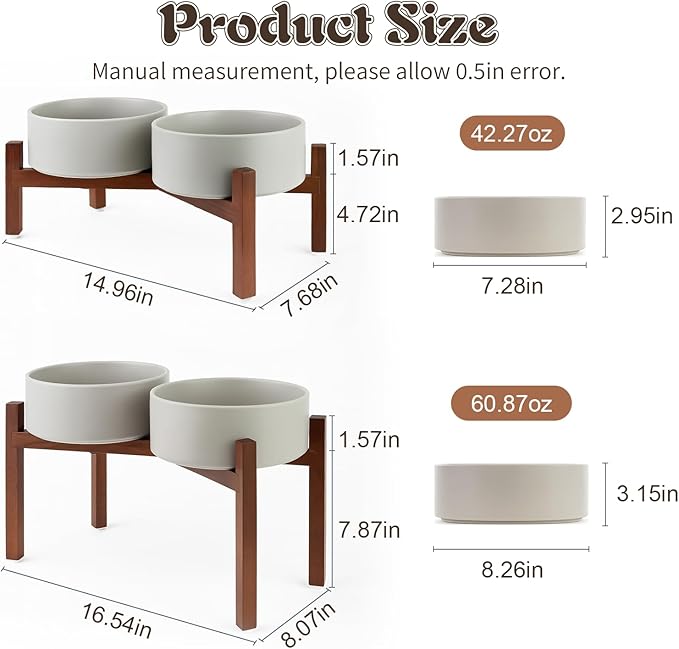 SPUNKYJUNKY Raised Ceramic Dog Bowls Set with Non-Slip Acacia Wood Stand for Large Sized Dog(60.87 OZ, Gray)