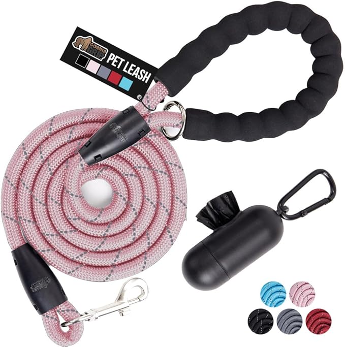 GORILLA GRIP Dog Leash, Heavy Duty Reflective Rope Leashes for Large, Medium, Small Breed Dogs, Puppy Training Essential for Walks, Hikes, Soft Handle, Rotating Metal Clip, Waste Bag Dispenser, Pink