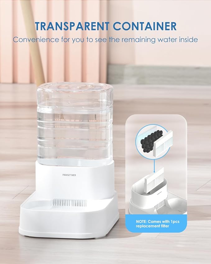 PAWGETHER® Gravity Automatic Pet Water Dispenser with 1 Filter for Cats and Small Dogs 1 Gallon/3.5L Auto Pet Waterer Dog Water Dispenser, Easy to Fill