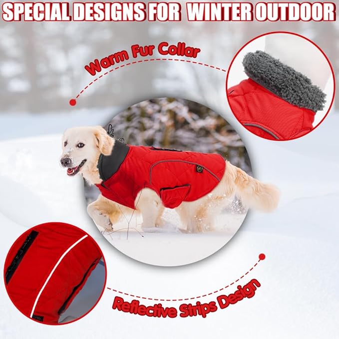 EMUST Winter Dog Coat for Medium Boys - Thick Clothes with Harness Hole for Cold Weather, Red, M