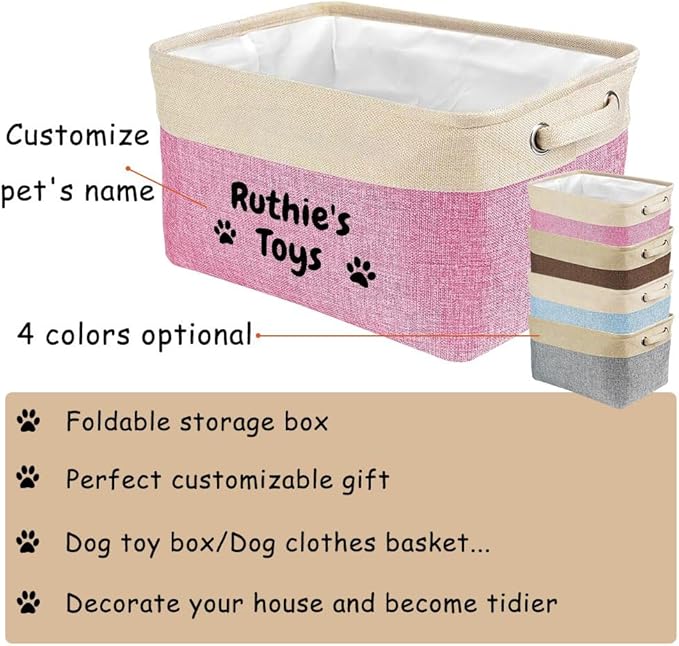 Personalized Dog Toys Storage Basket Custom Dog's Name Sturdy Foldable Collapsible Storage Bin Box with Handles for Organizing Pet Food, Toys, Clothes, 15" x 9.8" x 9"