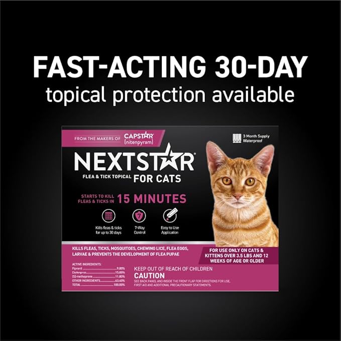 NEXTSTAR Flea and Tick Prevention for Cats, Repellent and Control, Fast Acting Waterproof Topical Drops, Flea Prevention for Cats Over 3.5 lbs, 3 Monthly Doses
