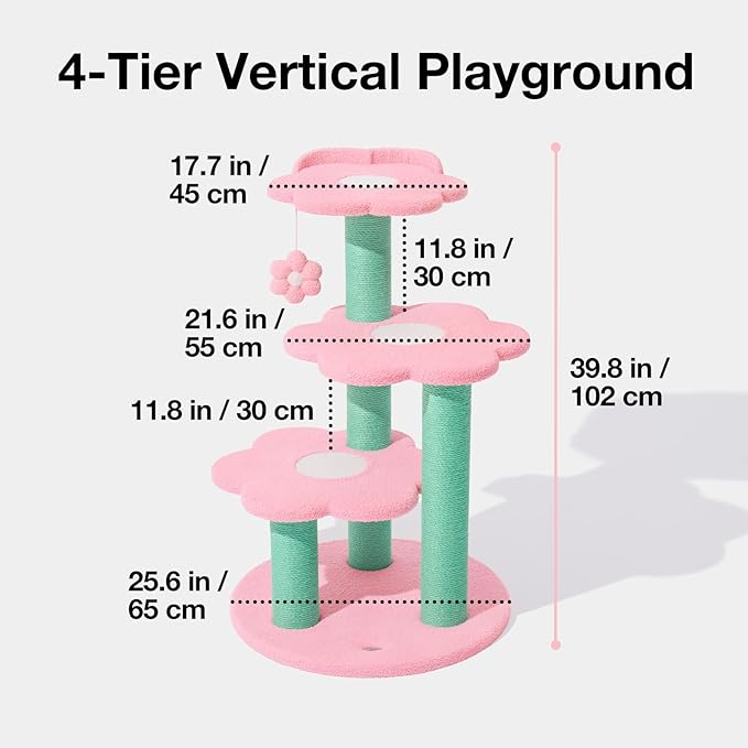 VETRESKA 39.8" Cat Tree Multi-Level Cat Tower with Platform, Sisal Scratching Posts with Hanging Blossom Toy, Indoor Cats Furniture Activity Center for Large Cats Kittens, Pink Flora