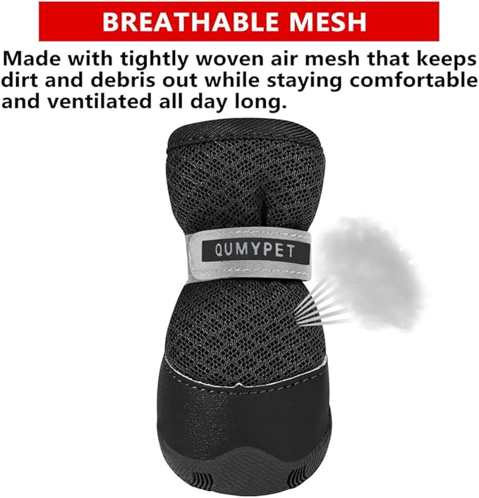 QUMY 4PCS Dog Shoes for Small Dogs, Hot Pavement Summer Puppy Dog Boots & Paw Protectors with Soft Anti-Slip Rubber Sole, Mesh Breathable Dog Booties for Hardfloors, Walking Running Black Size 3