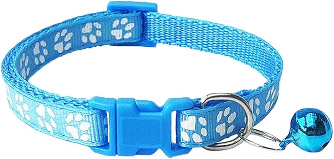 CHBORCHICEN 2-Pack Footprint & Reflective Cat Collar with Bell Basic Dog Cat Collar Buckle Adjustable Polyester Cat Dog Collar or Seatbelts (X-Small, Sky Blue)