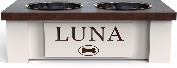 GrooveThis Woodshop - Personalized Elevated Dog Bowl Stand for Large, Medium, Small, X-Small Dogs - Stainless Steel Food and Water Bowls - Raised Dog Dish with Internal Storage (X-Small, Dark Walnut)