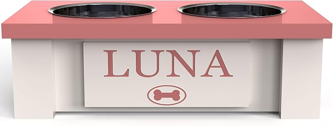 GrooveThis Woodshop - Personalized Elevated Dog Bowl Stand for Large, Medium, Small, X-Small Dogs - Stainless Steel Food and Water Bowls - Raised Dog Dish with Internal Storage (X-Small, Magenta)