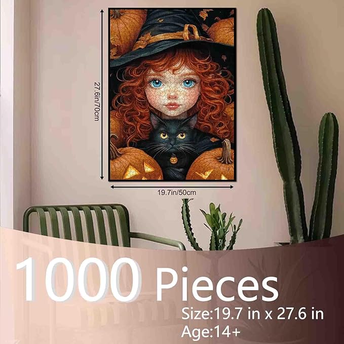 Brown Curly-Haired Doll Holding Black Cat Jigsaw Puzzle Halloween Pumpkin Girl Jigsaw Puzzles for Challenging Family Activity Games DIY Puzzle for Home Wall Decor Gifts 20 x 27 Inch