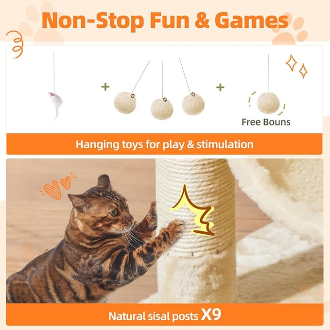 Taoqimiao Large Cat Tree，73-Inch Cat Tree Tower with 9 Scratching Posts for Indoor Cats, 2 Large Cat Condo with Hammock, Hanging Basket, 2 Extended Platform, Beige MS013XLM