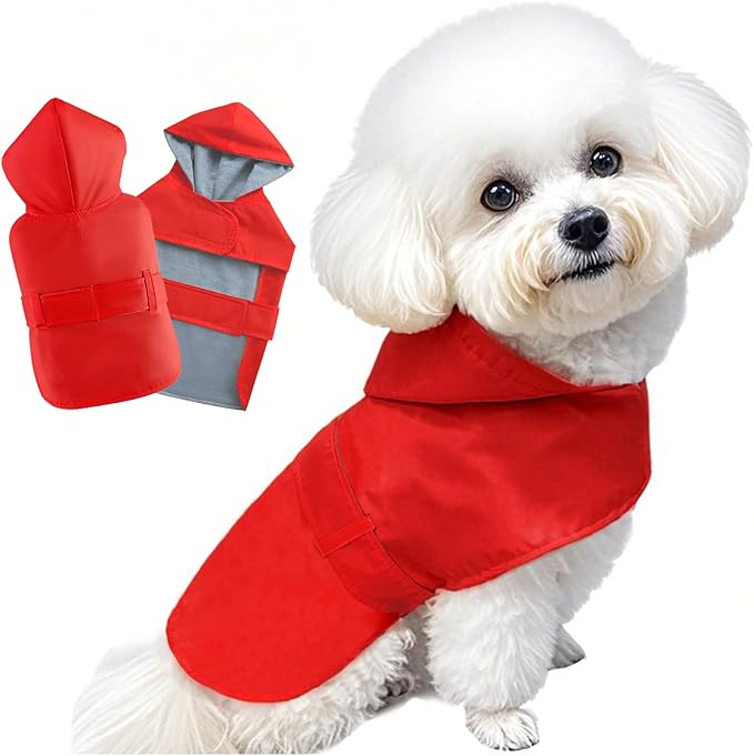 Dog Raincoat Small Dog Rain Jacket Poncho Waterproof Pet Rain Suit Puppy Small Dogs Cats Double Layer Warm Lining Hooded Leash Hole Adjustable,Red,XS