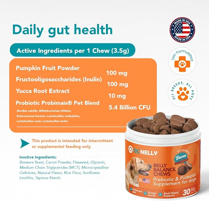 Ol'Nelly Pre & Probiotics for Dogs- 30 Soft Chews (Bacon) - Daily Dog Probiotics for Digestive & Gut Health - Diarrhea, Gas & Constipation Relief -All Ages and Breeds - Probioticos Perros Chewable