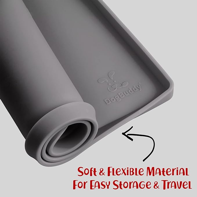 DogBuddy Dog Food Mat – Waterproof Dog Bowl Mat for Food and Water, Silicone Pet Feeding Mats for Floors, Non-Slip Placemat with High Edges for Dogs Bowls, Puppy Essentials (M: 21” x 14”, Shadow)