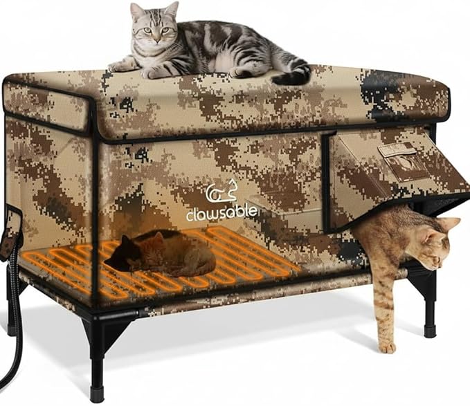 Indestructible Heated Cat House for Outside Winter, 100% Waterproof, Safe Escape Door, Insulated Outdoor Cat Shelter with Heater for Feral Barn Cat Kitty (Desert Camouflage, 29"x17"x20")