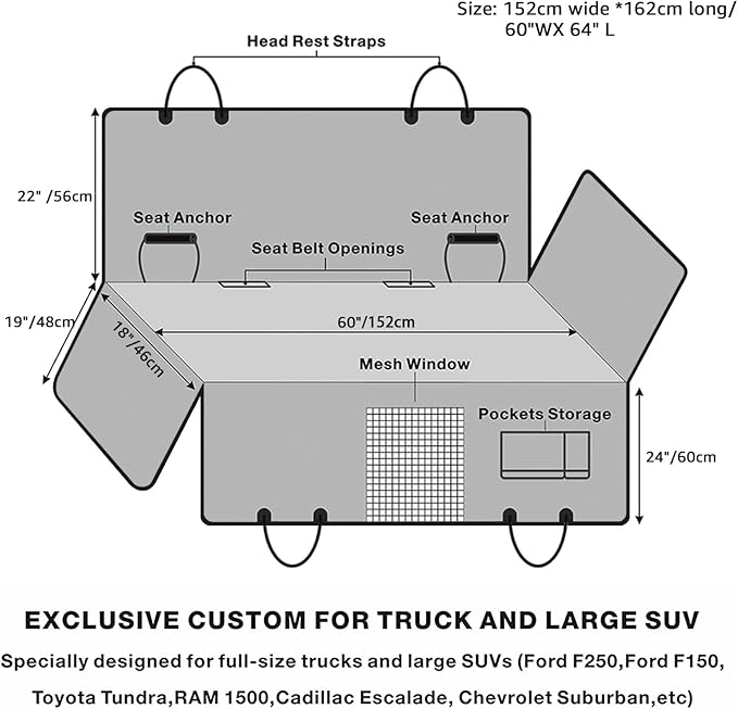 Truck Dog Seat Cover Back Seat | 100% Waterproof & Seat Belt | Pet Hammock for Car Rear Seat Protector with Mesh Window Fits Pickup Ford F-Series/Chevrolet Silverado/Ram/GMC Sierra etc(Gray)