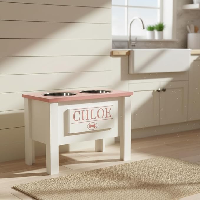 GrooveThis Woodshop - Personalized Elevated Dog Bowl Stand for Large, Medium, Small, X-Small Dogs - Stainless Steel Food and Water Bowls - Raised Dog Dish (X-Large, Magenta)
