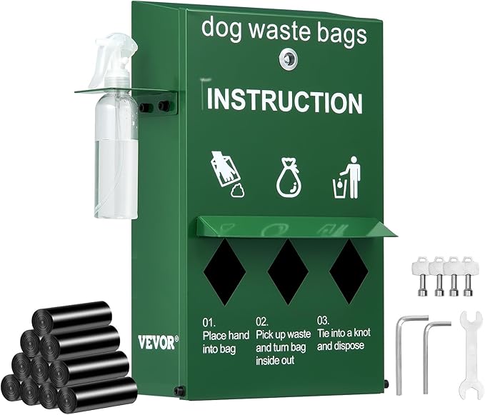 VEVOR Dog Poop Bag Dispenser with Hand Wash Bottle, Lockable Outdoor Dog Waste Bag Holder with 600 Waste Bags, Stake, Pole, Fence & Wall Mounted Dog Poop Bag Storage, Pet Waste Station for Porch, Lawn