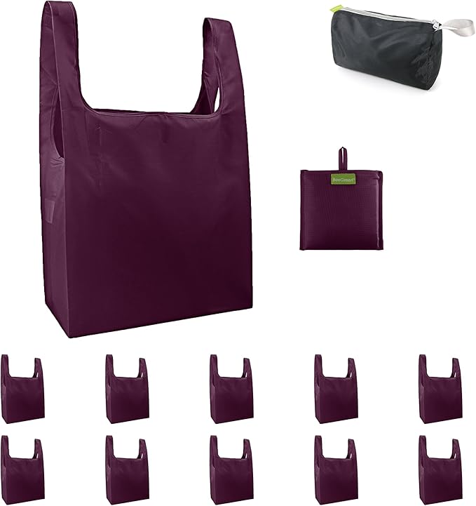 BeeGreen Burgundy Reusable Grocery Bags with Zipper Storage Pouch 10 Packs Wine Red Reusable Shopping Bags Bulk with Elastic Band Foldable-Machine Washable