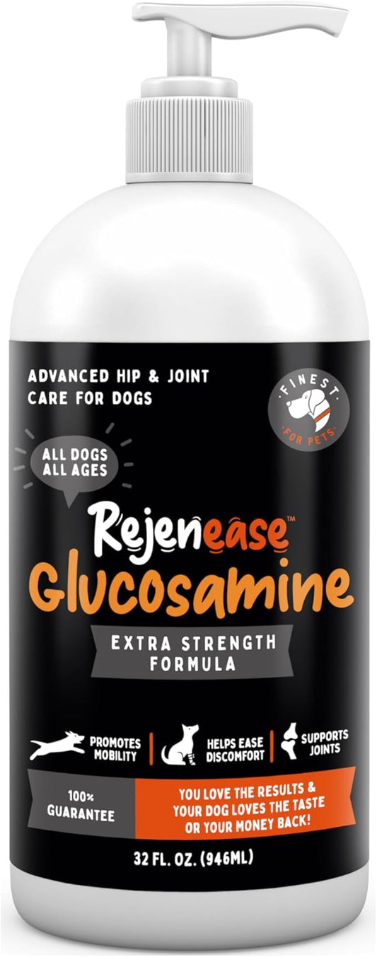 Rejenease Liquid Glucosamine for Dogs with Chondroitin, MSM & Hyaluronic Acid – Finest For Pets Hip & Joint Supplement for Dog Joint Support, Mobility, Stiffness & Pain Relief (32 oz, Made in USA)