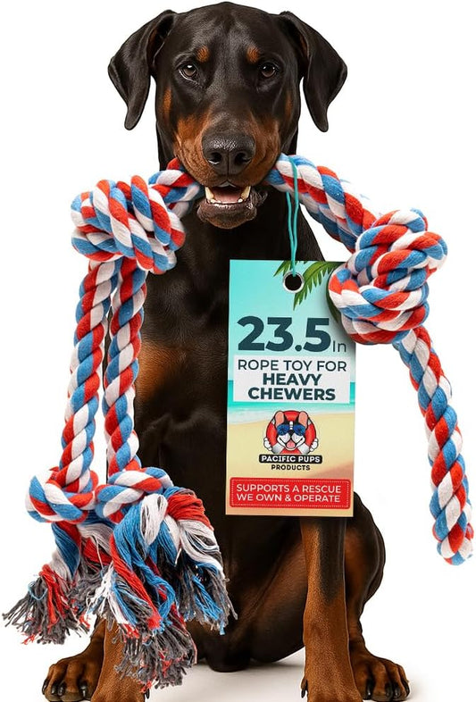 Pacific Pups Products Large Dog Rope Toy for Aggressive Chewers - 23.5" Giant Dog Tug of War Toy for Large Breeds - Durable Big Pull Rope for Teething Puppies and Heavy Duty Chewers