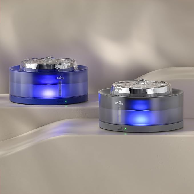 iPettie Cake Dog Water Fountain, 8L/2.1Gal Large Capacity Automatic Dispenser, Wireless Pump Filtered Waterer Purifier with BPA-Free Stainless Steel Bowls, Dishwasher Safe, Blue