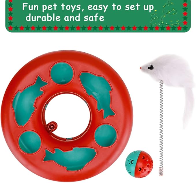 Pawzone Cat Toys, Cat Toys for Indoor Cats,Interactive Kitten Toys Roller Tracks with Catnip Spring Pet Toy with Exercise Balls Teaser Mouse (red)