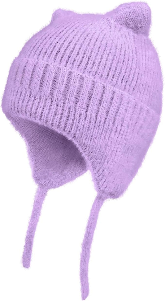 ZOORON Kids Winter Hat for Boys Girls, Cat Beanie Children Knit Skull Cap with Warm Ear Flap, Teen Beanie Hat Age 5-15 Years