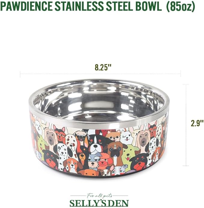 Selly's Den Pawdience Double Walled Stainless Steel Bowl Non-Slip, Durable, Rust Resistant Pet Food & Water Dish, BPA Free Rubber Base (85 Oz - Large)