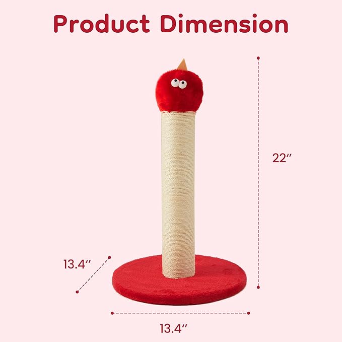 22" Cat Scratching Post, Sisal Cat Scratcher with Interactive Hanging Toy, Monster Scratch Pole for Indoor Cats, Cute Cat Scratch Post for Kittens & Large Cats, Red