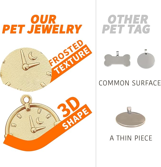 Dogs ID Tags Personalized Double Sided Deep Engraved Cat & Dog Collar Charm Round Shape Frosting Process Silver/Gold Plated (Clock-Gold)